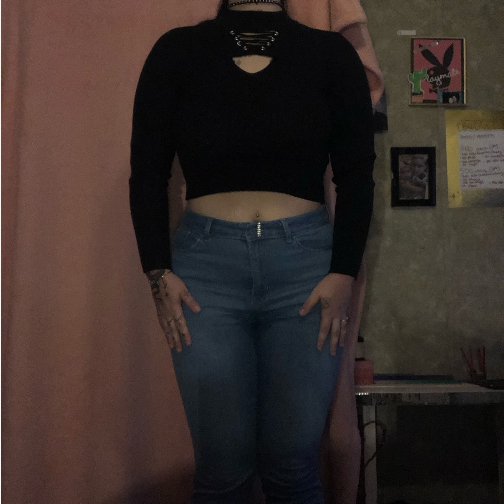 Black Cropped Sweater with Lace-Up Detail